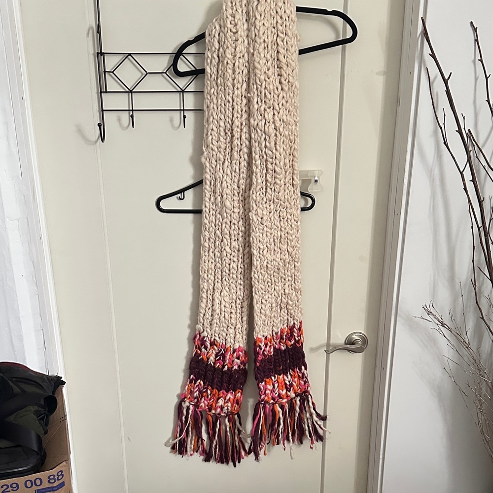 Chunky Knit Scarf with Multicolor Fringe